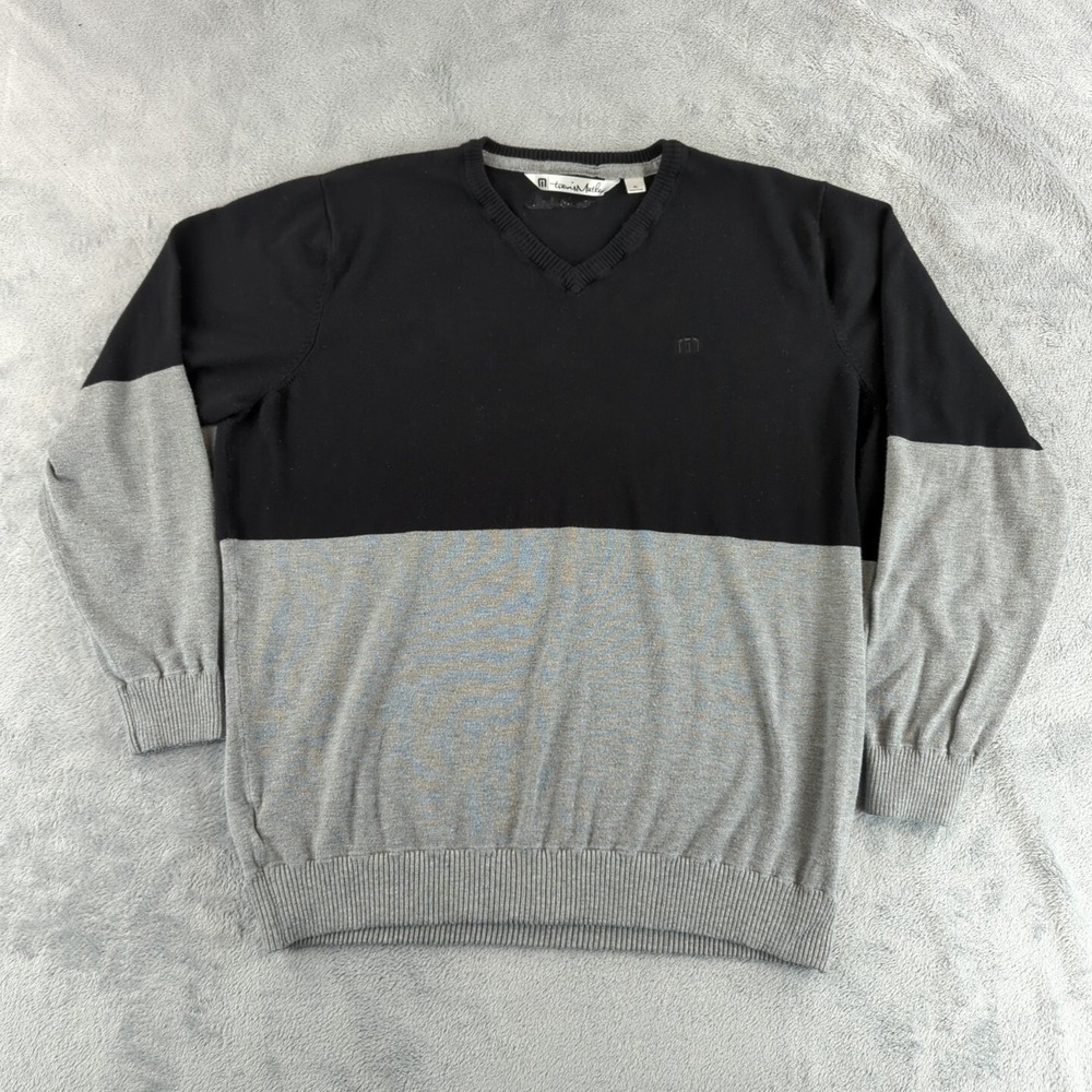 Travis Mathew‎ Sweater Mens XL Black Gray V-Neck Colorblock Golf Preppy Soft
